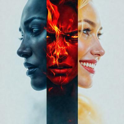 The image features three different faces, each with a distinct expression. The first face is a black woman with a ferocious look, the second face is a woman with a smiling expression, and the third face is a woman with a scowling expression. The faces are positioned side by side, creating a visually striking composition.